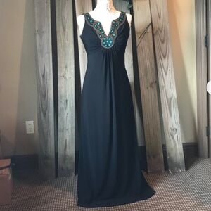 RN Studio Ronnie Nicole Black Maxi w/ Turquoise Beads V-Neck Small & M